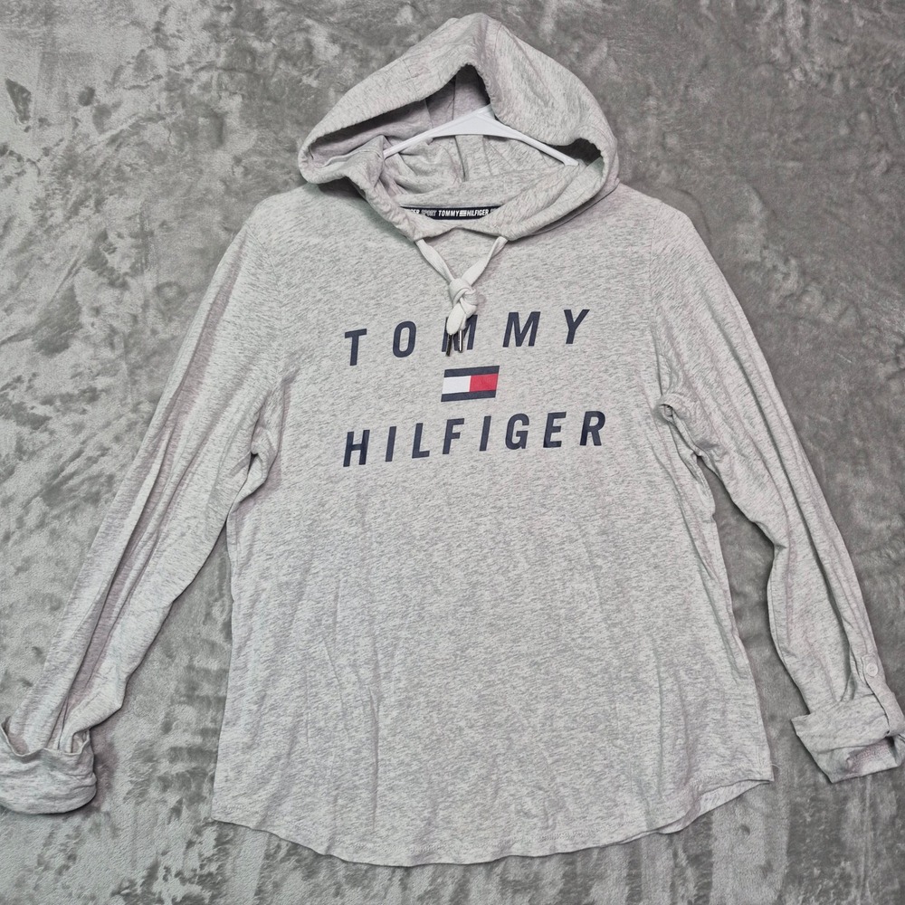 Tommy Hilfiger Sport Womens Gray Heather Logo Hooded Long Sleeve T-Shirt Small